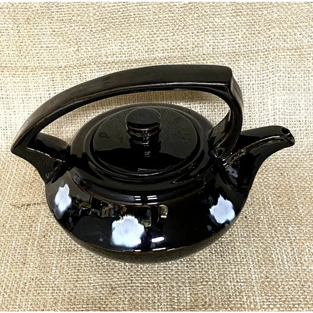 Vintage Black Glazed Squat Red Clay Teapot Set Hand Made